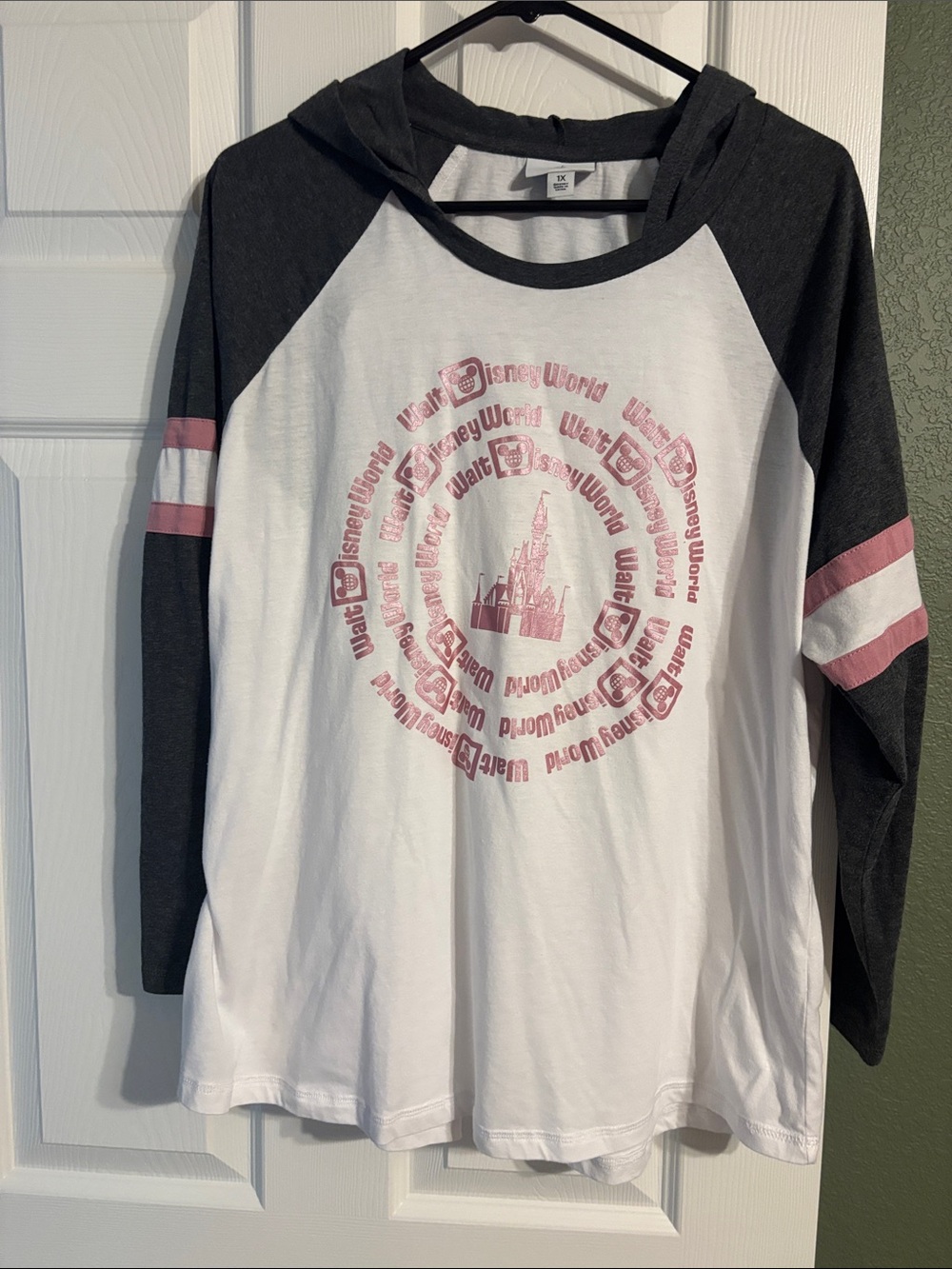 Disney White Tee with Dark Gray Raglan Sleeves and Pink Graphic